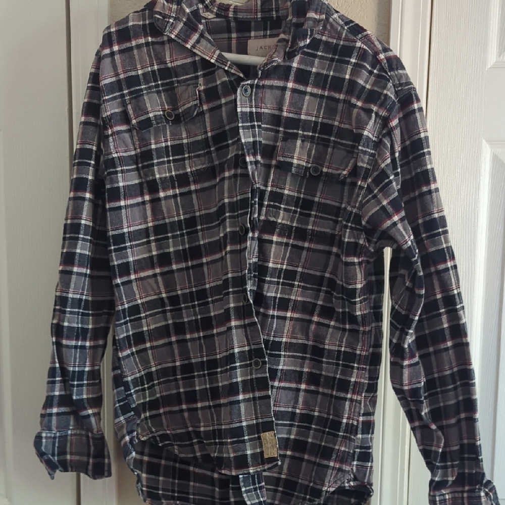 Red & White Stripe Plaid Flannel With Black Squares And Medium Dark Gray Blocks